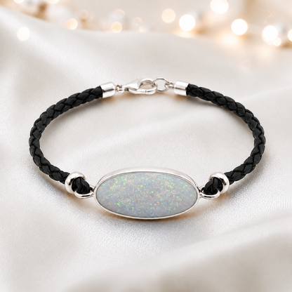 White snow Continuum men's sterling silver and leather memorial bracelet , handcrafted in Lancashire UK by Keepsake Memorial Jewellery