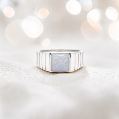 White Snow Echo men's sterling silver memorial signet ring, handcrafted in Lancashire UK by Keepsake Memorial Jewellery