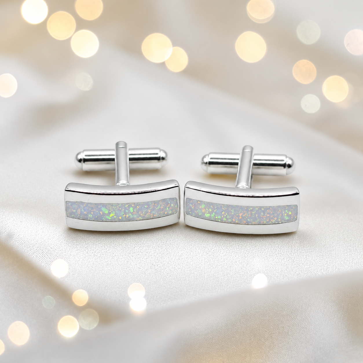 White snow silver Ember memorial ashes cufflinks, handcrafted in Lancashire UK