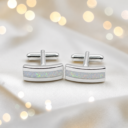 White snow silver Ember memorial ashes cufflinks, handcrafted in Lancashire UK
