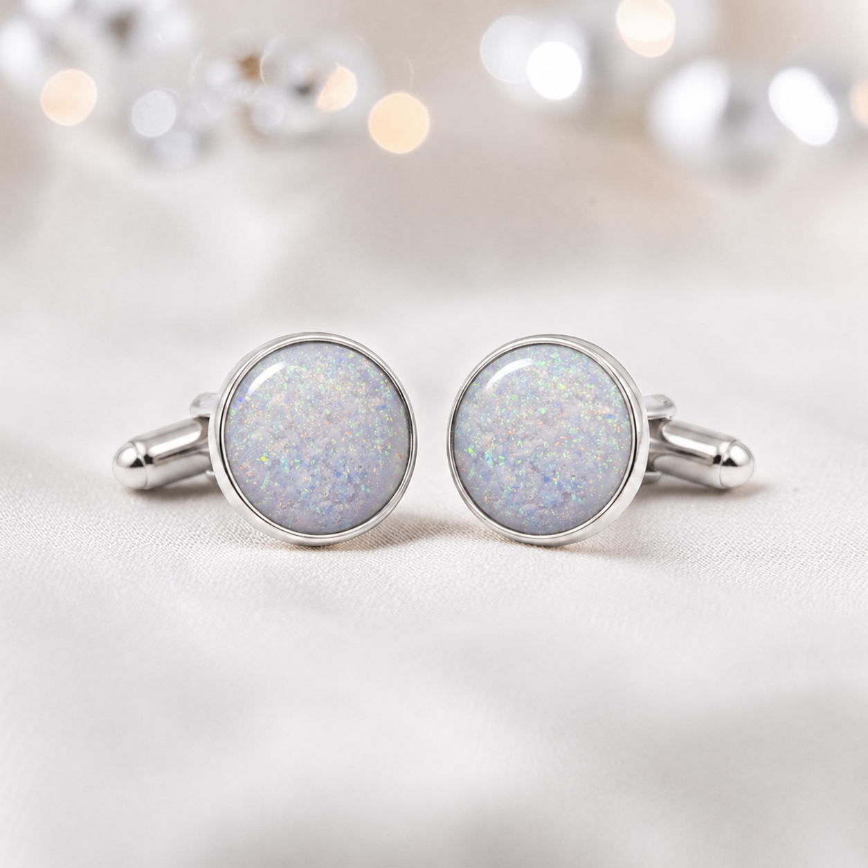 White snow silver Eterna memorial ashes cufflinks, handcrafted in Lancashire UK