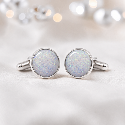 White snow silver Eterna memorial ashes cufflinks, handcrafted in Lancashire UK