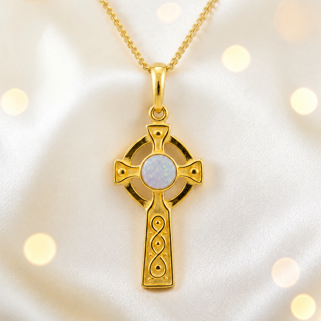 White Snow Claddagh Cross 9ct gold pendant, handcrafted in Lancashire UK – by Keepsake Memorial Jewellery
