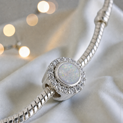 White snow sterling silver halo ashes memorial charm, handcrafted in Lancashire by keepsake memorial