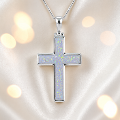 White snow Halo sterling silver cross memorial pendant, 30mm, handcrafted in Lancashire UK by Keepsake Memorial Jewellery