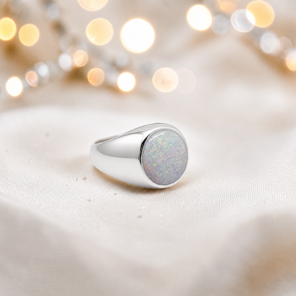 White snow Haven men's sterling silver signet ring, handcrafted in Lancashire UK by Keepsake Memorial Jewellery