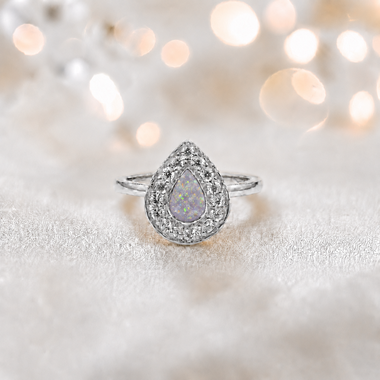 Keepsake Memorial Silver Helena Teardrop Ashes Ring in White Snow — handcrafted in Lancashire, UK