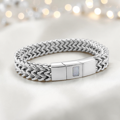 White snow Heritage men's stainless steel  memorial bracelet , handcrafted in Lancashire UK by Keepsake Memorial Jewellery