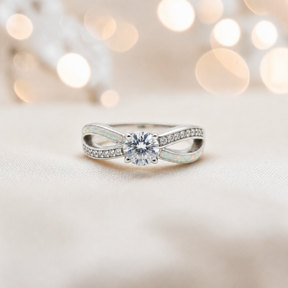 Keepsake Memorial Silver Infinity Ashes Ring in white snow - Handcrafted in the UK 