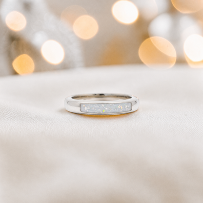 Keepsake Memorial Iris wishbone ashes ring in white snow, handcrafted in Lancashire 