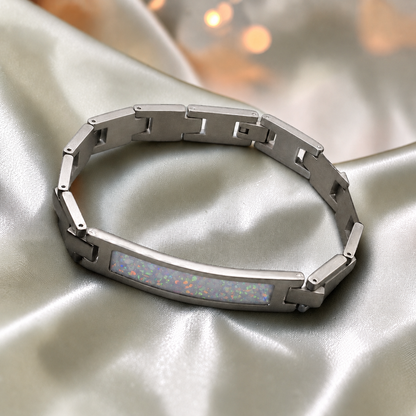White snow stainless steel link ID memorial ashes bracelet – Keepsake Memorial Jewellery