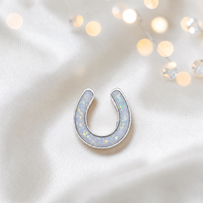 Maverick horseshoe ashes charm, in white snow, handcrafted in Lancashire UK - by Keepsake Memorial Jewellery 