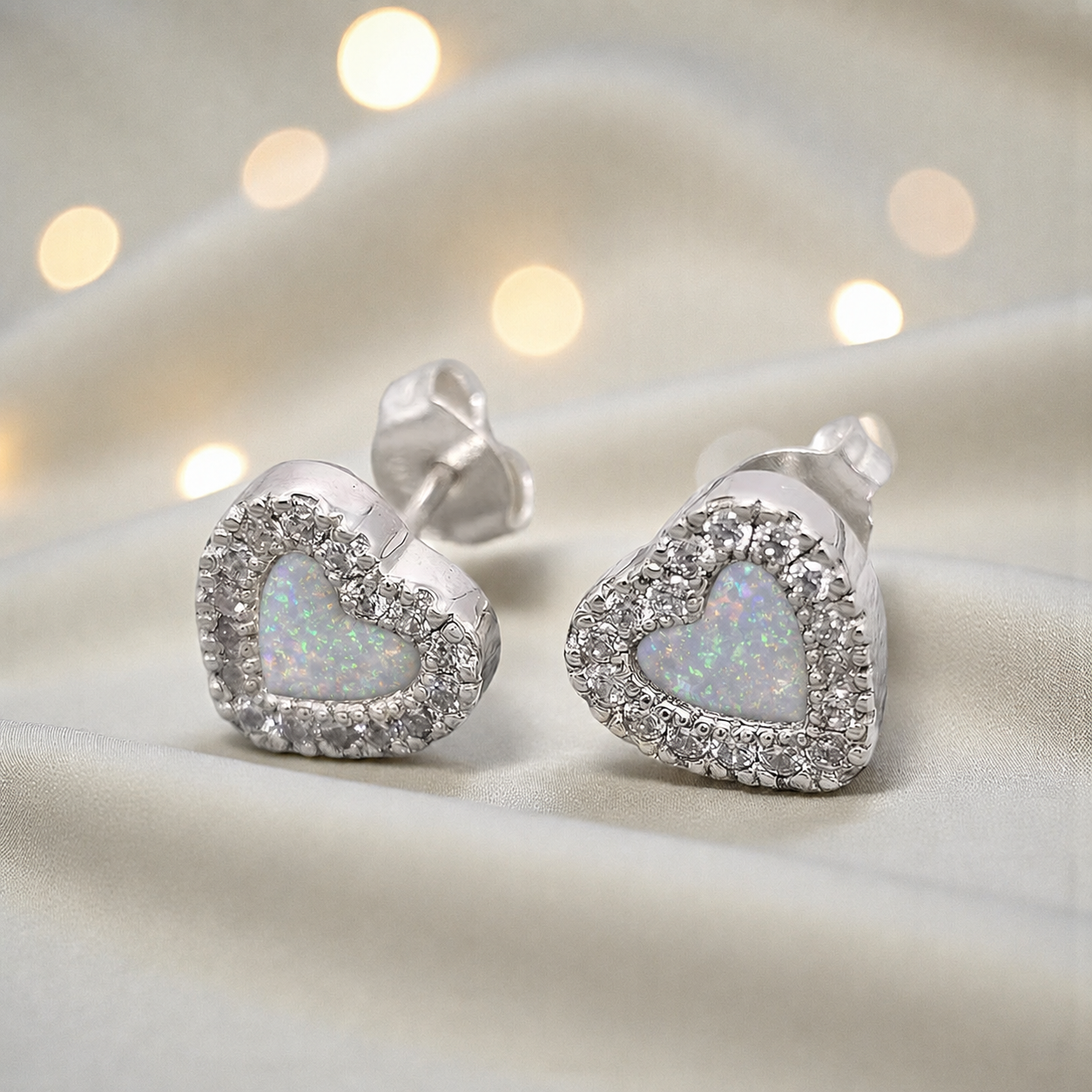 Keepsake Memorial Sterling Silver Heart Ashes Earrings Opal Dawn in White Snow - Handcrafted in the UK