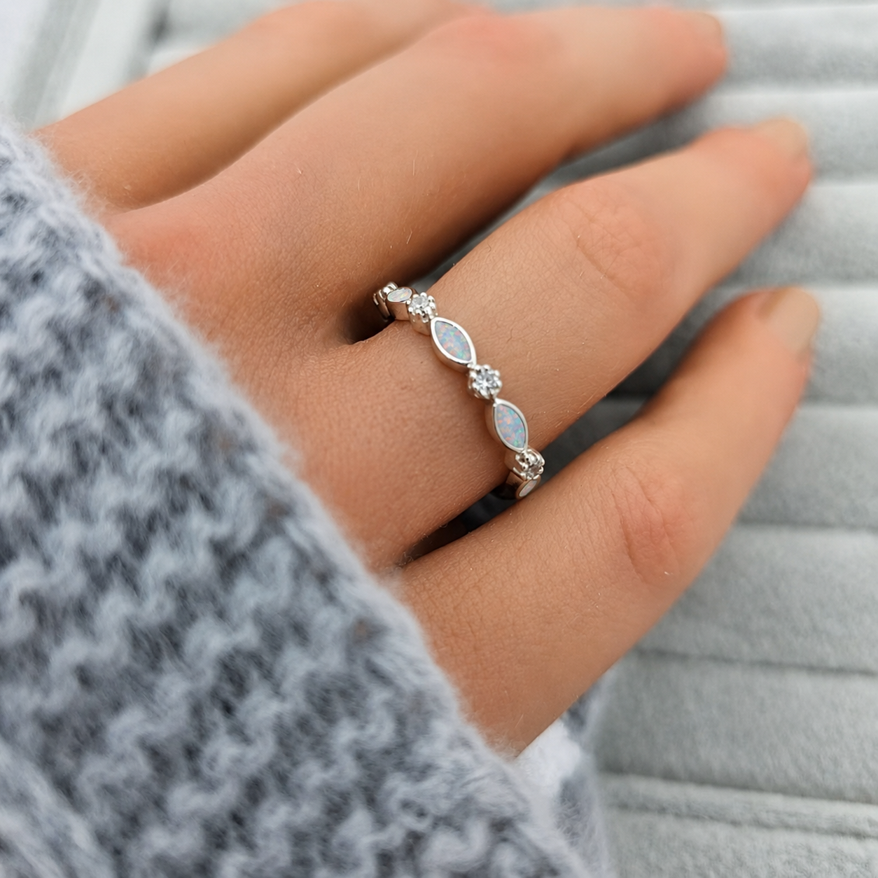 Keepsake Memorial Silver Arabella Half-Band Marquise Ashes Ring in White Snow, on hand  — handcrafted in Lancashire, UK