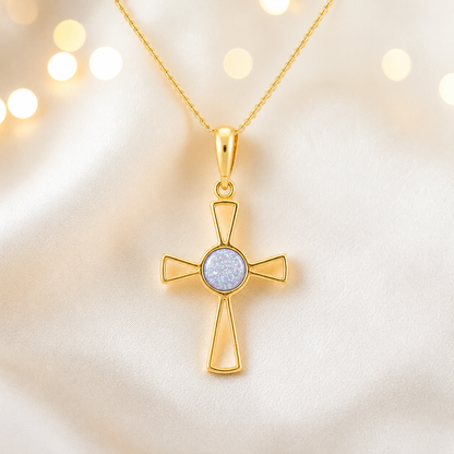 White snow 9ct gold memorial ashes open cross pendant, handcrafted in Lancashire UK
