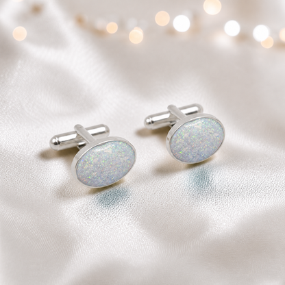White snow Pulse sterling silver oval memorial ashes cufflinks, handcrafted in Lancashire UK