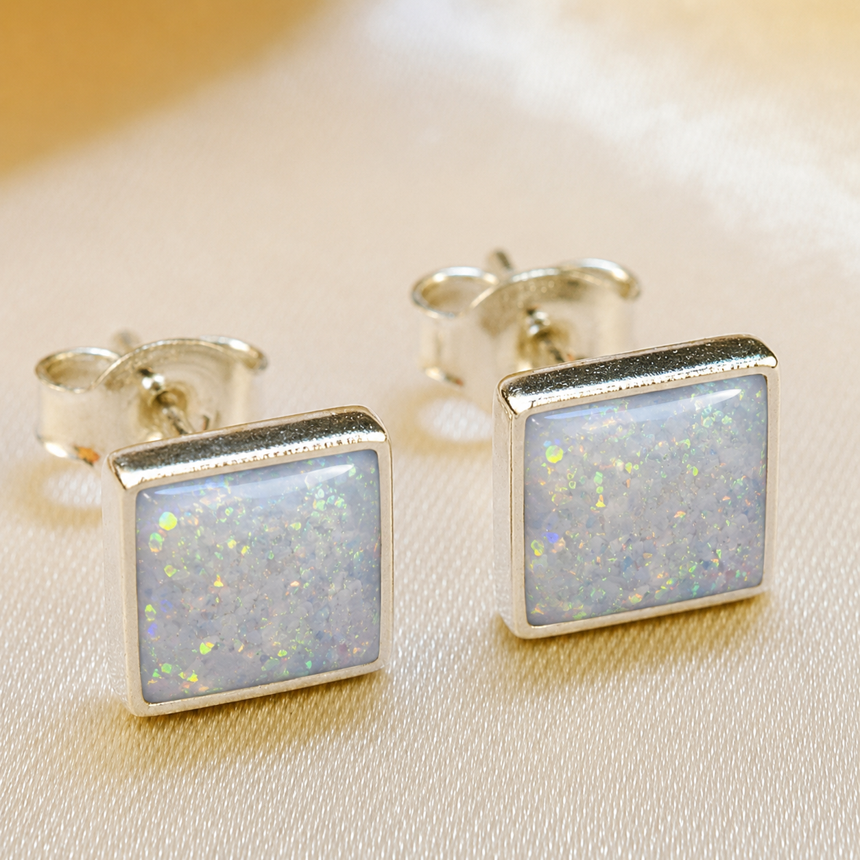 Keepsake Memorial Sterling Silver Square Stud Ashes Earrings Celeste Shine in White Snow - Handcrafted in the UK