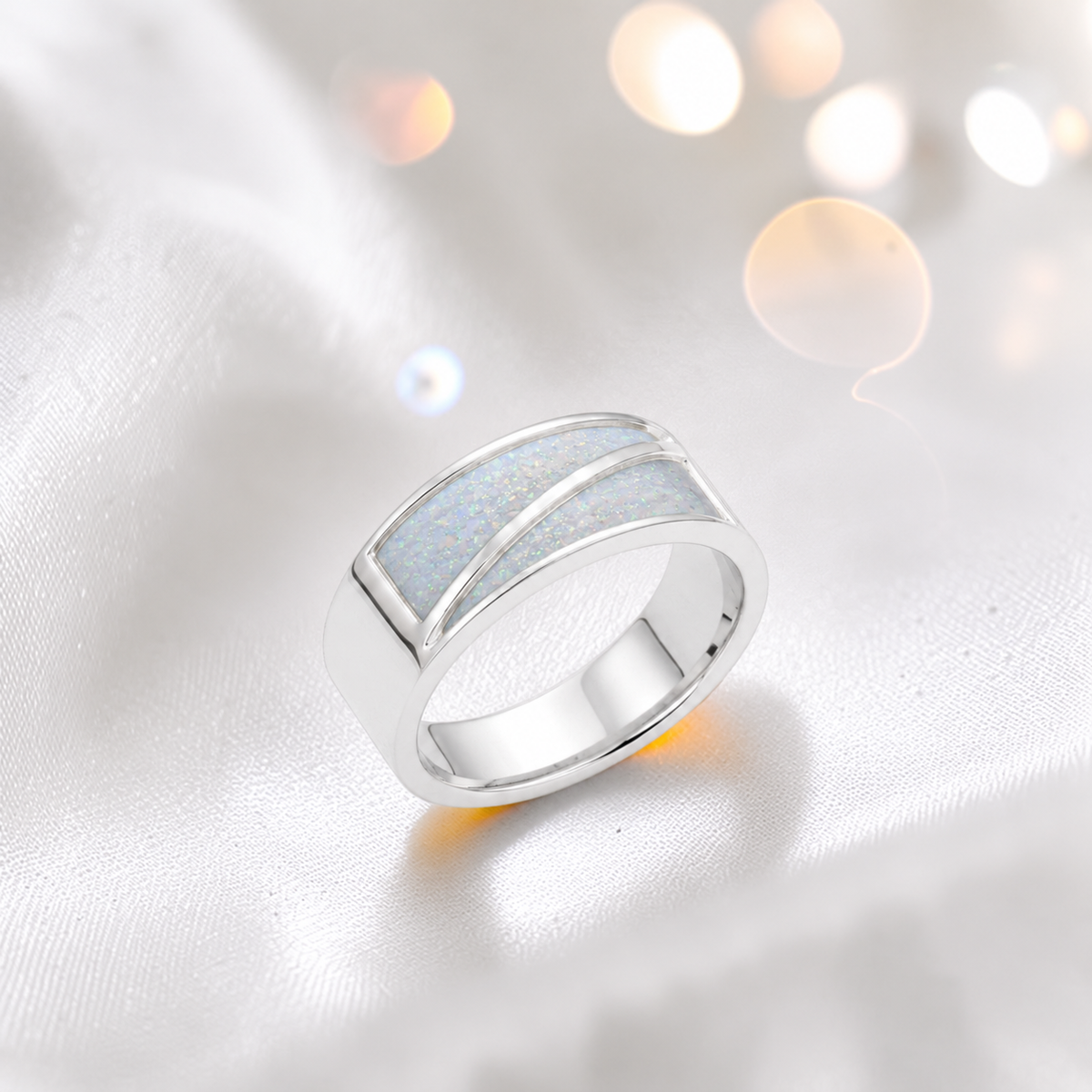 White Snow Two Paths men's sterling silver split channel memorial band ring, handcrafted in Lancashire UK by Keepsake Memorial Jewellery