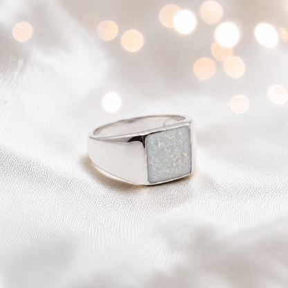 White Snow Valor men's sterling silver memorial signet ring, handcrafted in Lancashire UK by Keepsake Memorial Jewellery