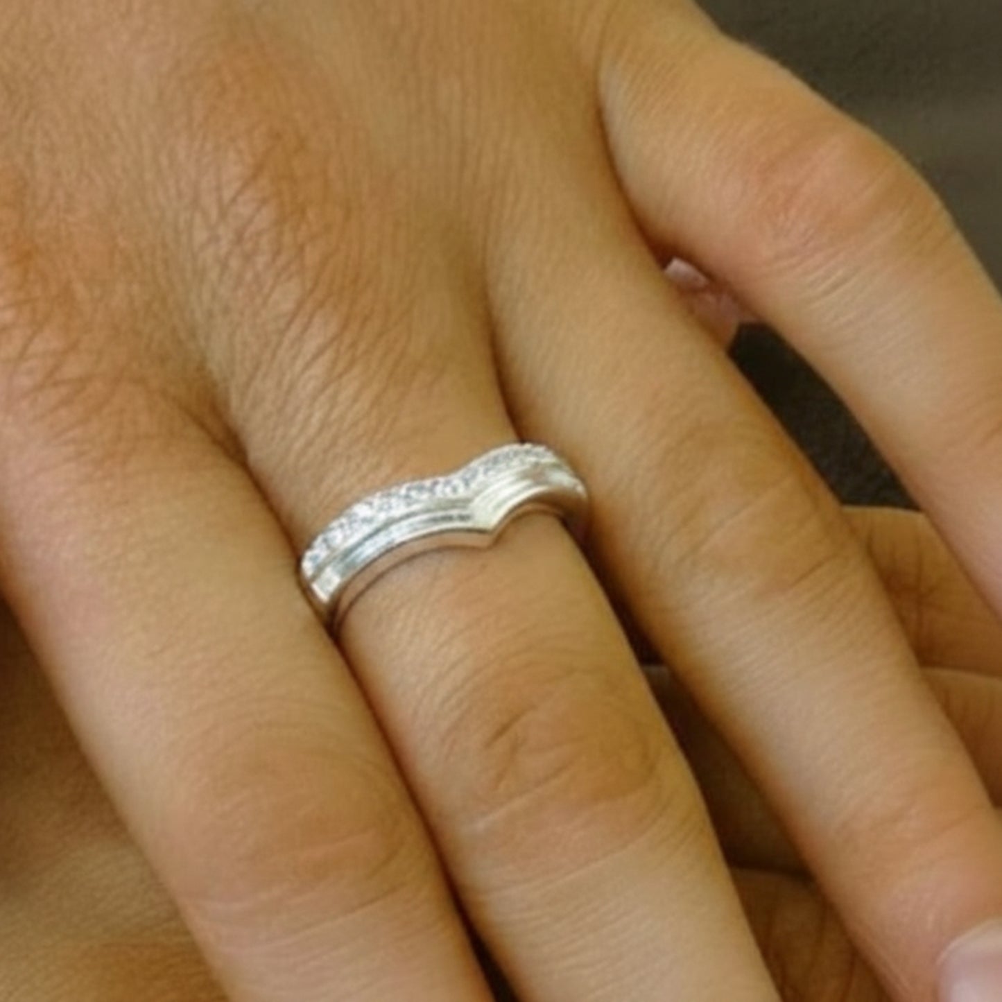 Sophia Ring worn on hand — silver wishbone CZ ashes memorial ring, handcrafted in Lancashire, UK