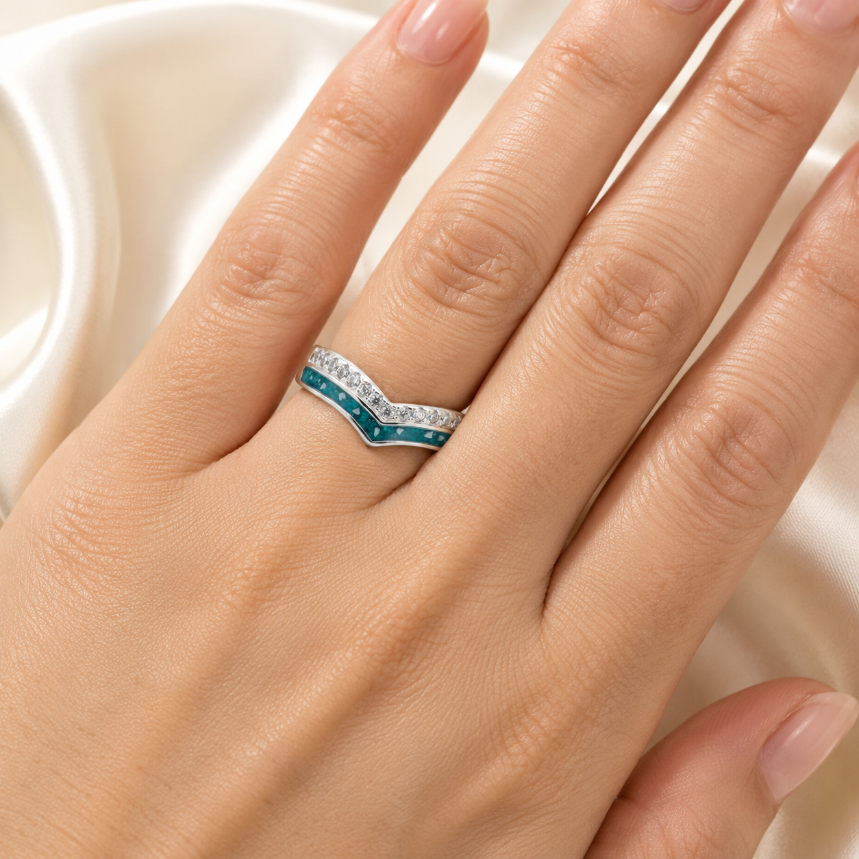 Silver sophia wishbone ashes ring on hand, handcrafted in Lancashire