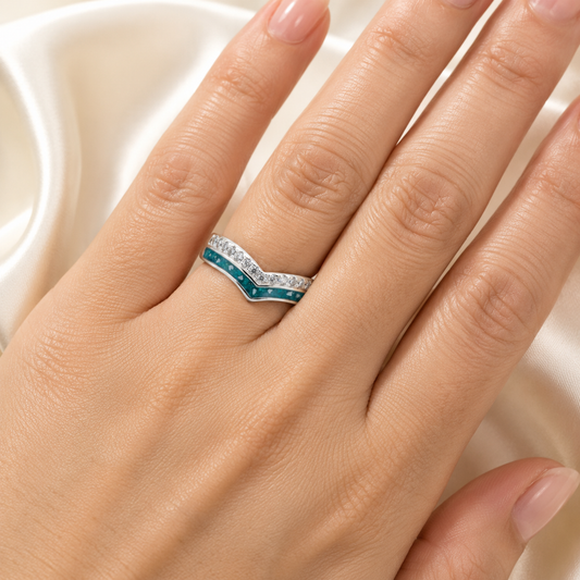 Silver sophia wishbone ashes ring on hand, handcrafted in Lancashire