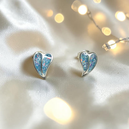 Two Hearts memorial stud earrings — sterling silver split heart ashes earrings, handcrafted in Lancashire, UK