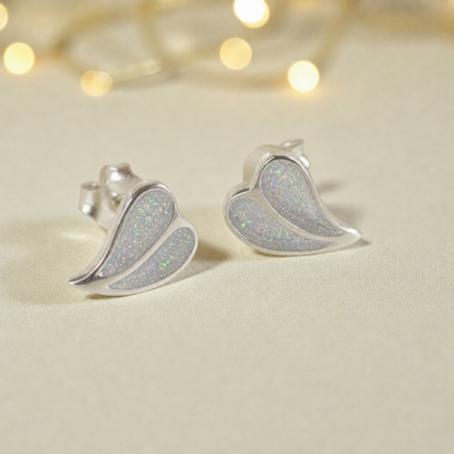 Two Hearts memorial stud earrings in White Snow opal — sterling silver, handcrafted in Lancashire, UK
