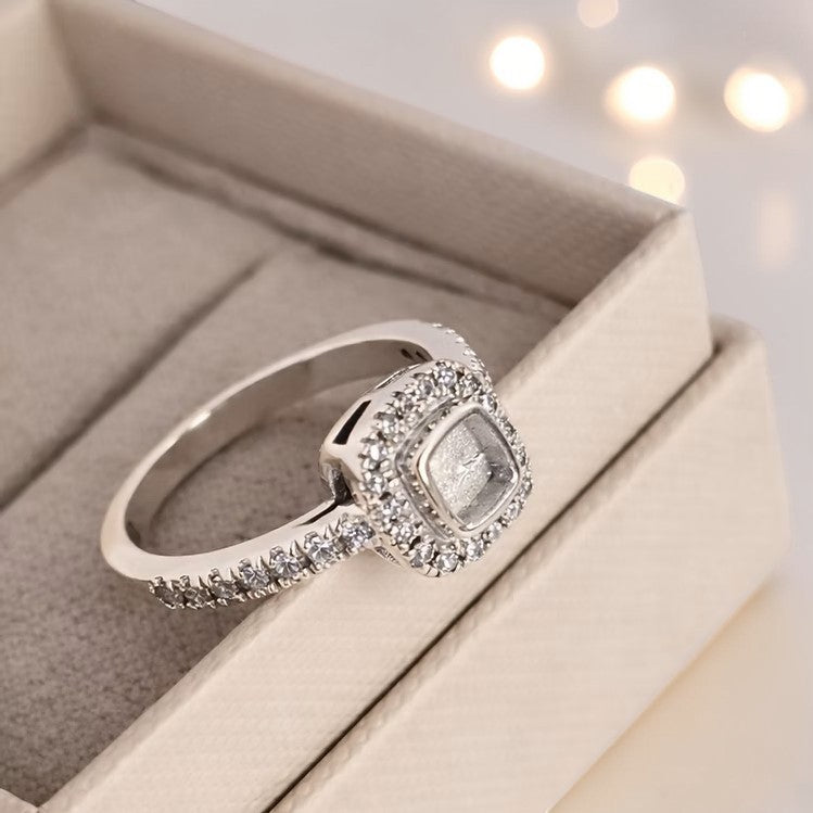 Florence Keepsake Ring — silver square cushion ashes memorial ring, top view, handcrafted in Lancashire, UK