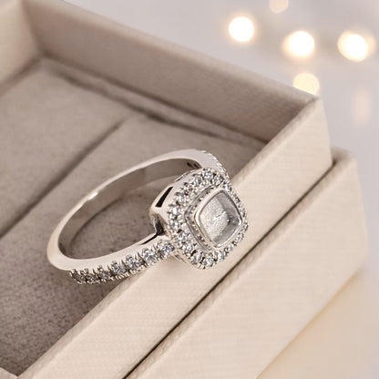 Florence Keepsake Ring — silver square cushion ashes memorial ring, top view, handcrafted in Lancashire, UK