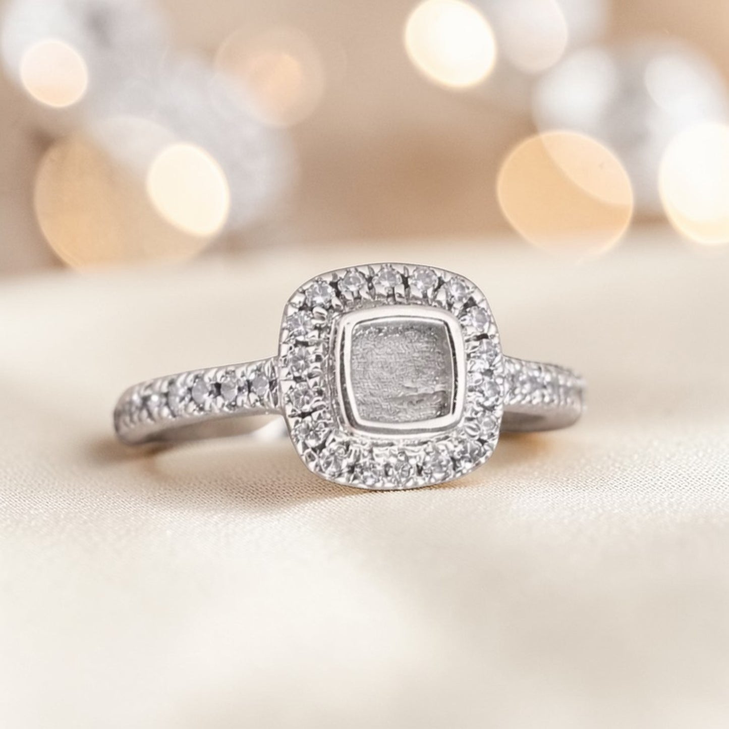 Florence Keepsake Ring — silver square cushion ashes memorial ring, handcrafted in Lancashire, UK