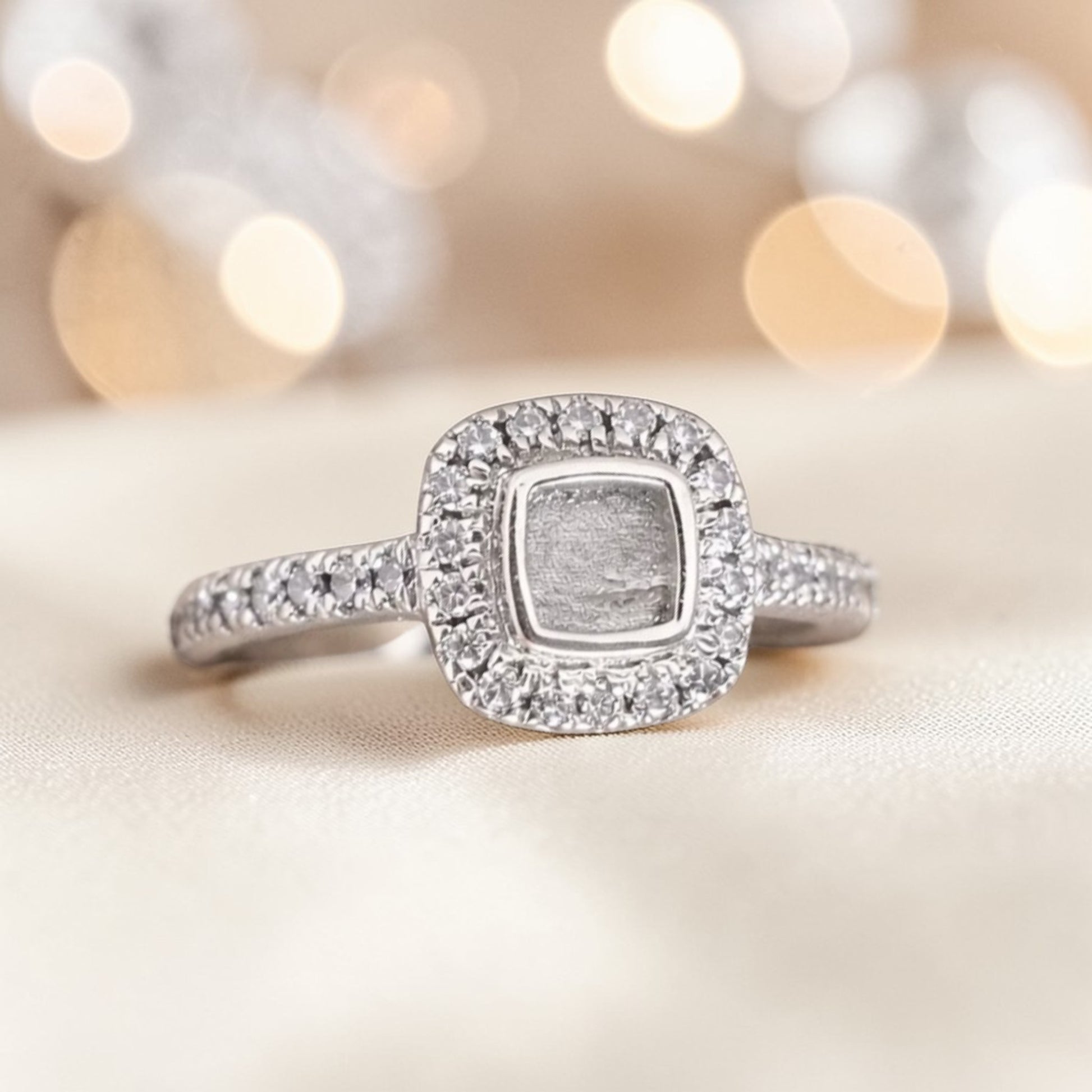 Florence Keepsake Ring — silver square cushion ashes memorial ring, handcrafted in Lancashire, UK