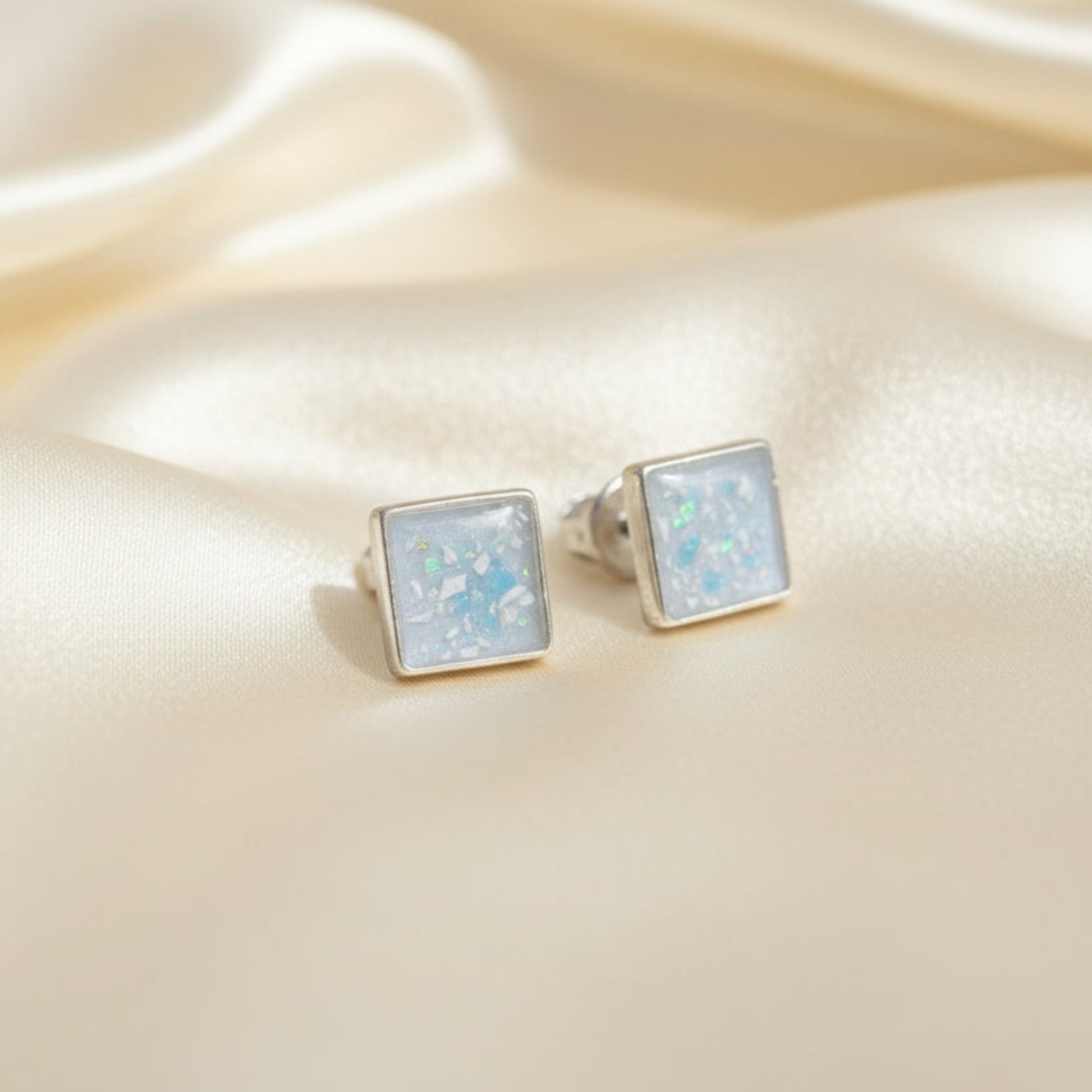 Celeste Shine Earrings — silver square opal ashes memorial stud earrings, handcrafted in Lancashire, UK