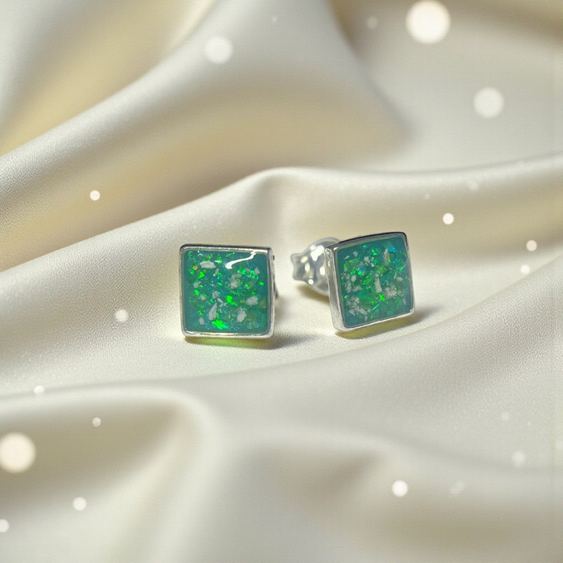 Celeste Shine Earrings — silver square ashes memorial stud earrings, handcrafted in Lancashire, UK