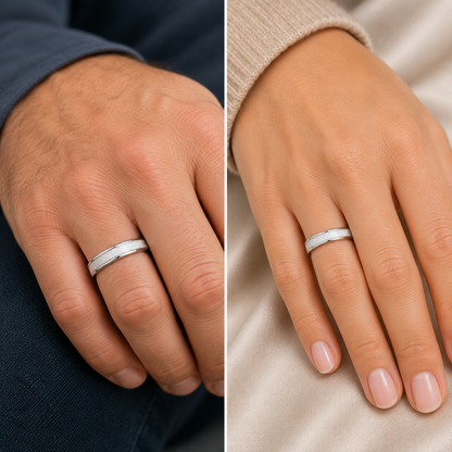 White Snow Ridge unisex stainless steel channel memorial ring, handcrafted in Lancashire UK by Keepsake Memorial Jewellery