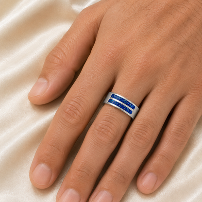 Strata men's sterling silver double channel memorial ring, wide comfort-fit band, handcrafted in Lancashire UK by Keepsake Memorial Jewellery