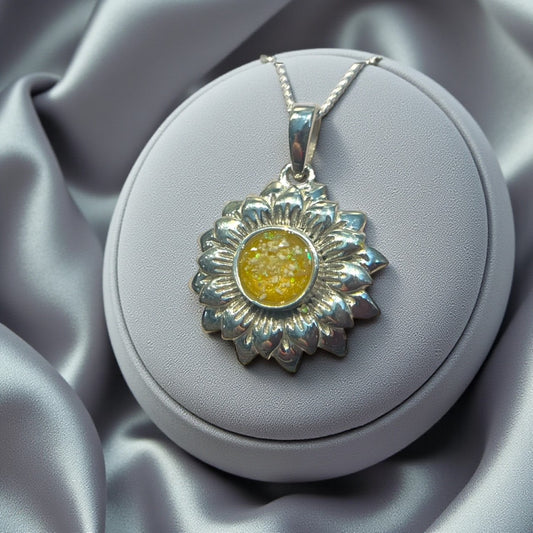 Silver sunflower memorial pendant handcrafted on Lancashire, UK
