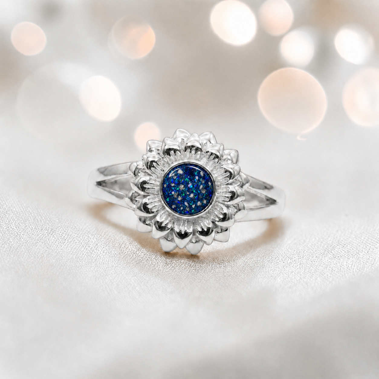 Keepsake Memorial Silver sunflower Ashes Ring in Sapphire Glow - Handcrafted in the UK 