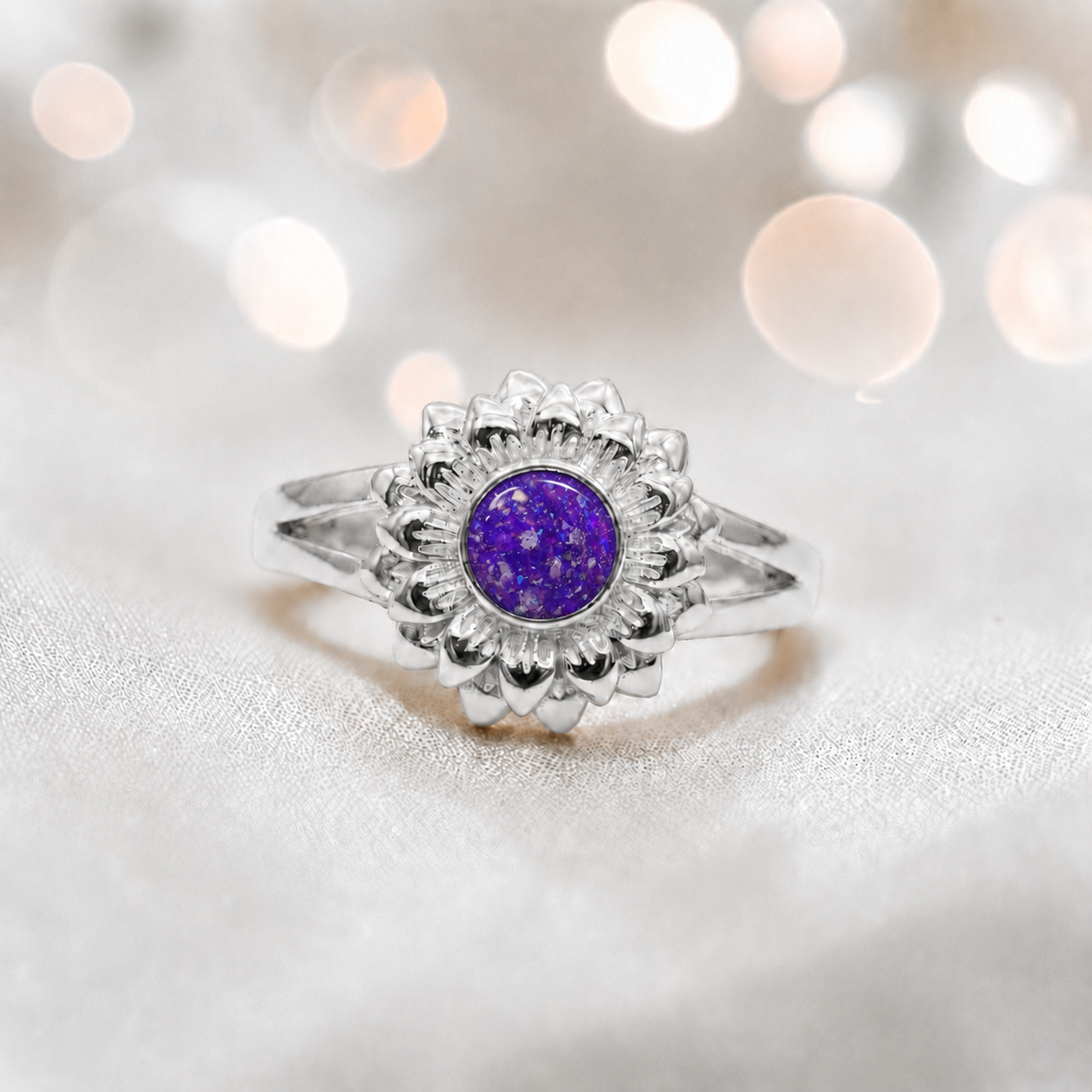 Keepsake Memorial Silver sunflower Ashes Ring in Sleepy Lavender  - Handcrafted in the UK 