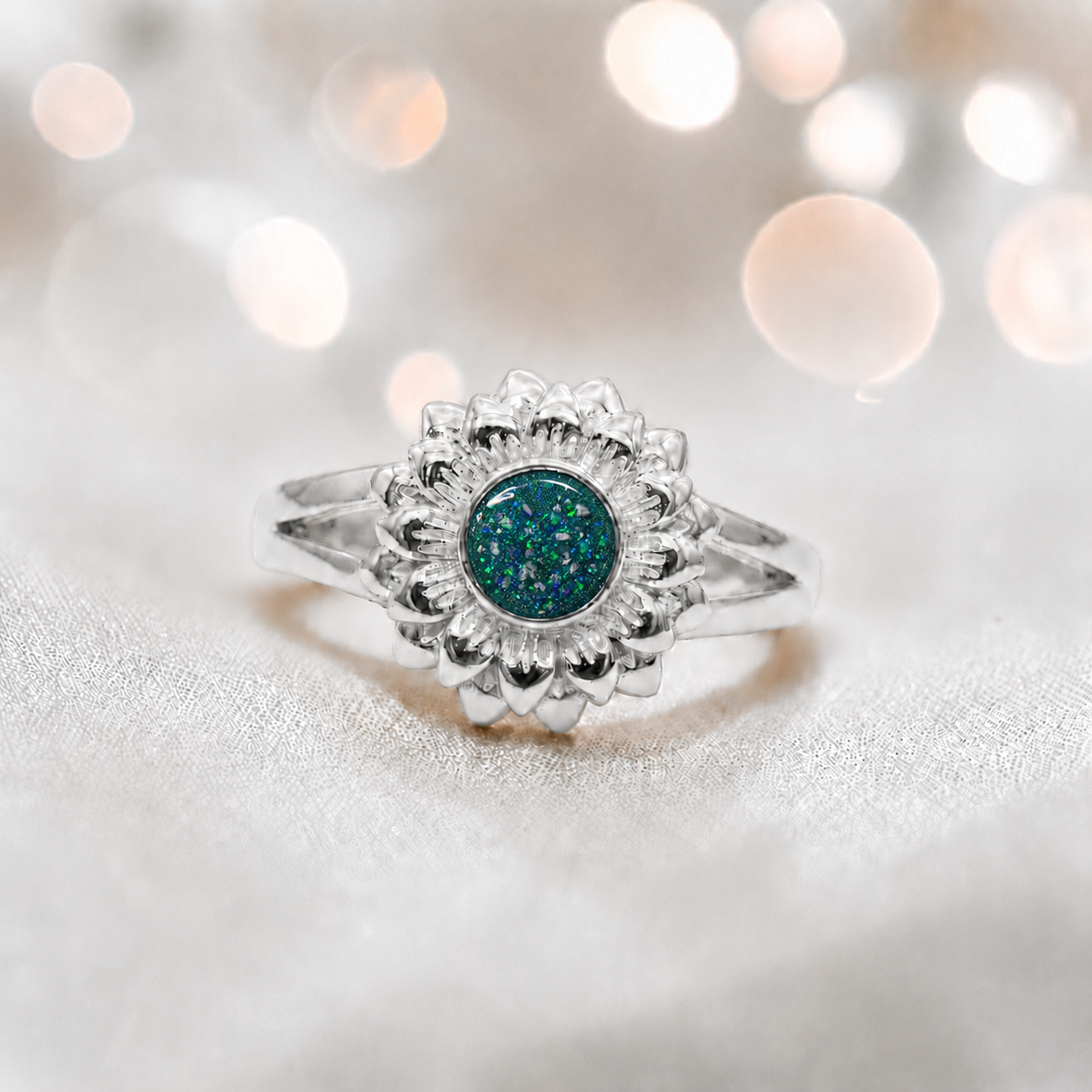 Keepsake Memorial Silver sunflower Ashes Ring in Teal Mist - Handcrafted in the UK 