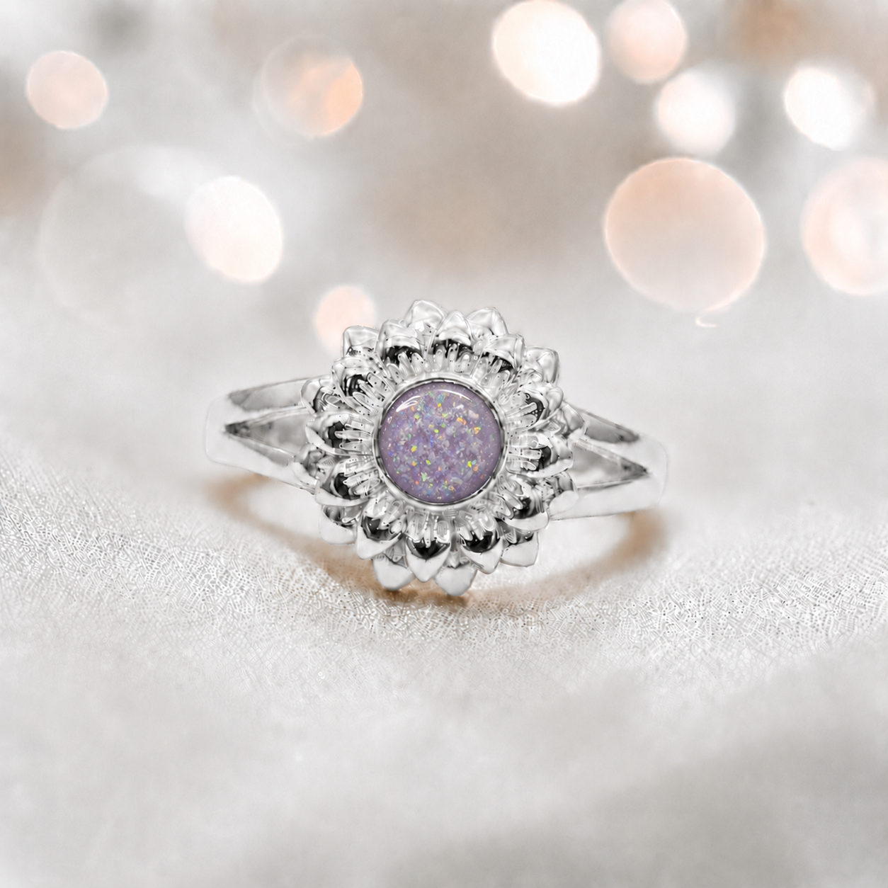 Keepsake Memorial Silver sunflower Ashes Ring in Unicorn Purple - Handcrafted in the UK 