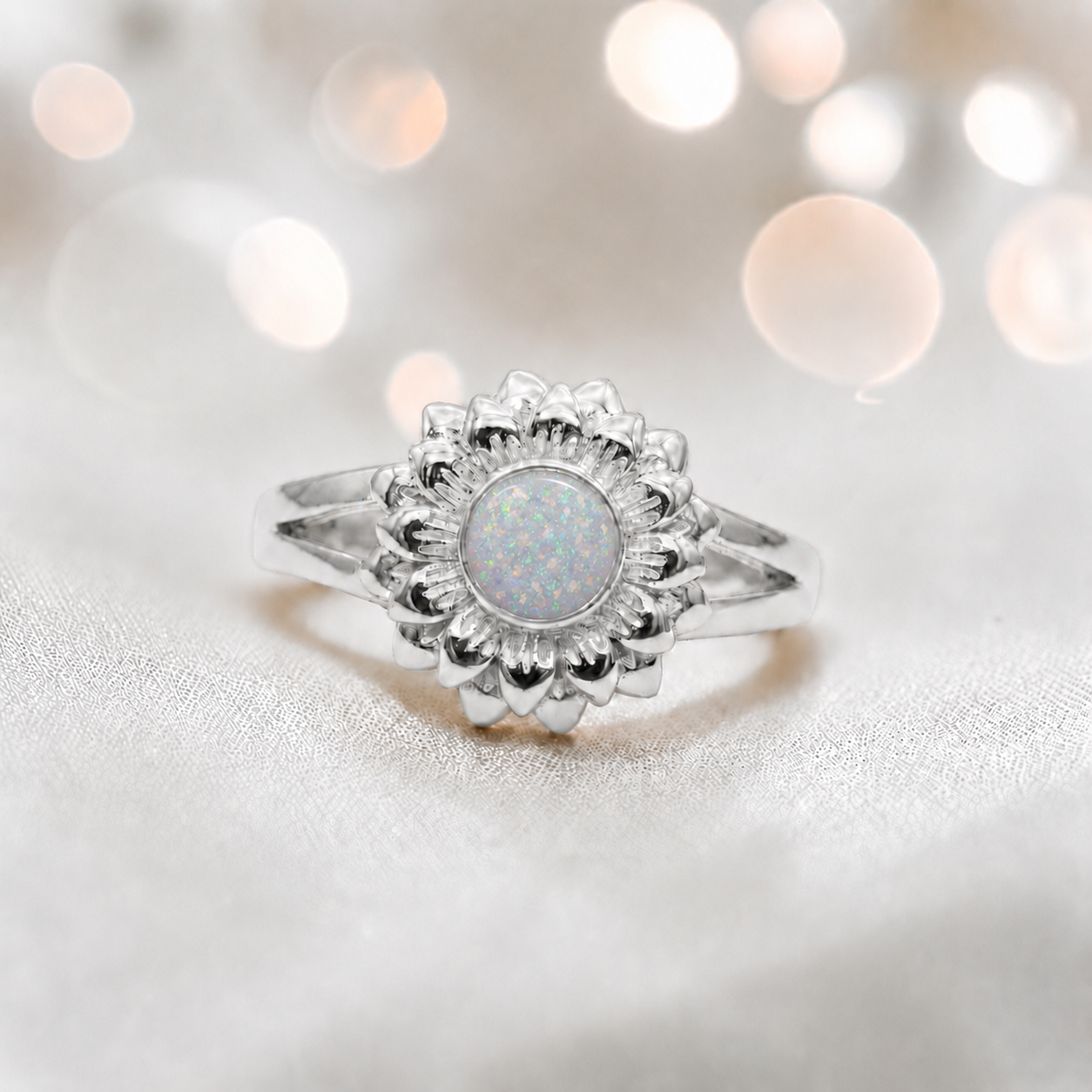 Keepsake Memorial Silver sunflower Ashes Ring in White Snow- Handcrafted in the UK 