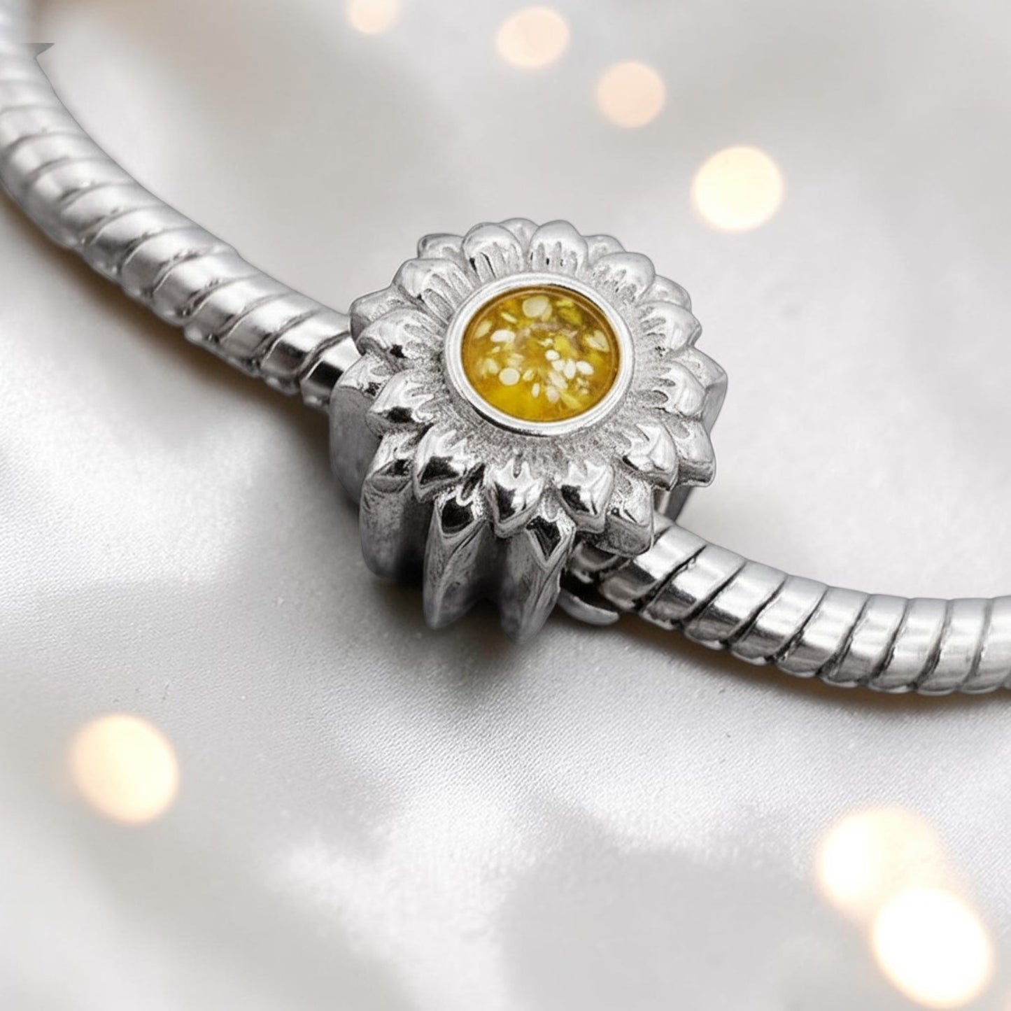 silver sunflower memorial charm, handcrafted in uk