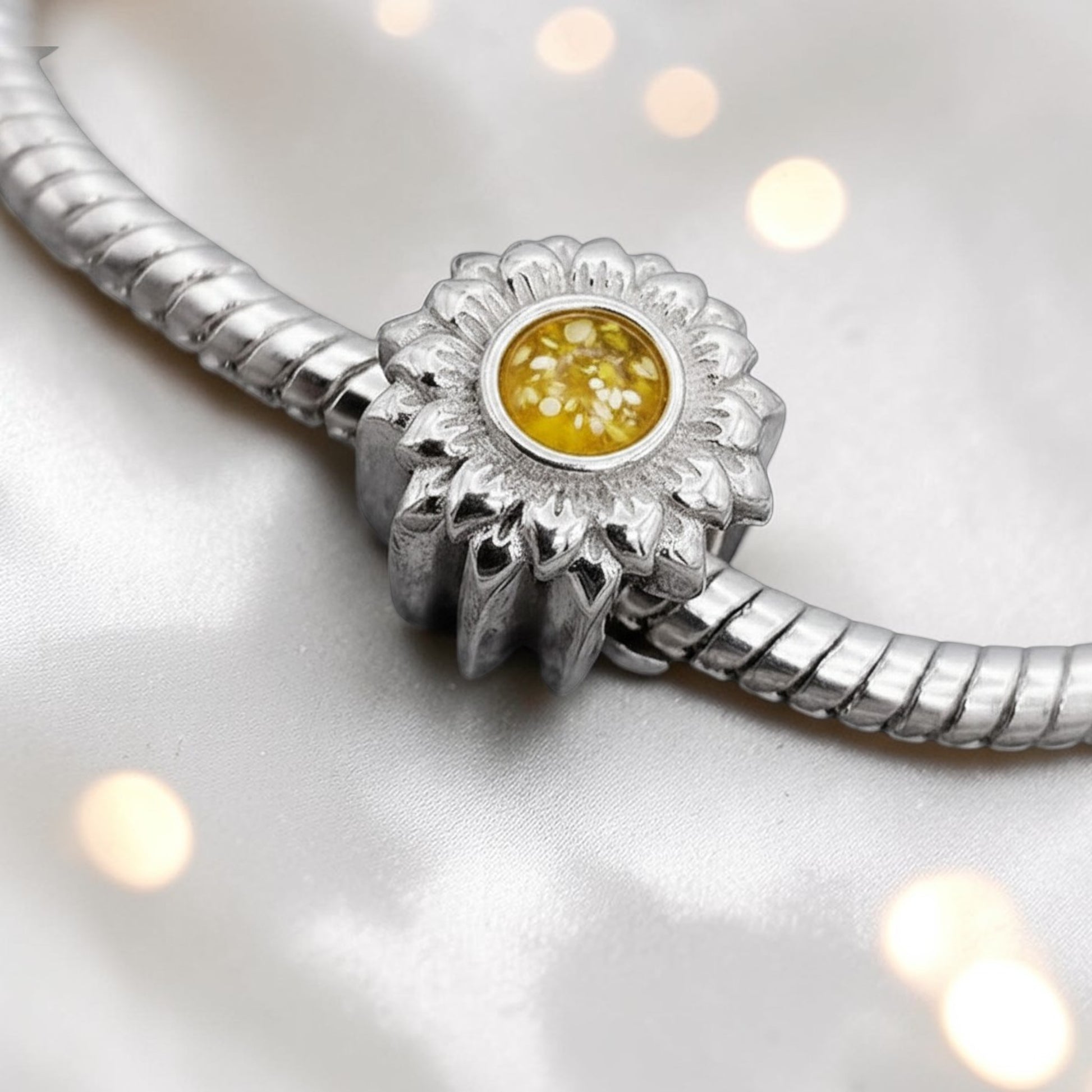 silver sunflower memorial charm, handcrafted in uk