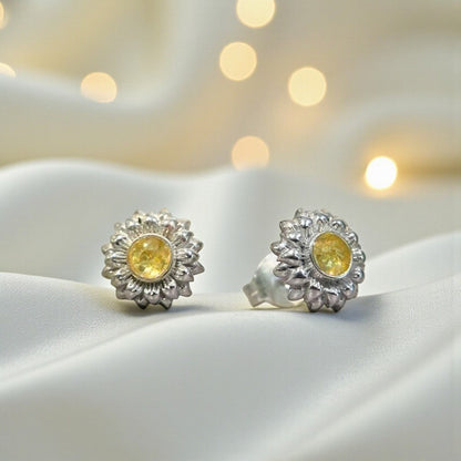 Flora Earrings — silver sunflower ashes memorial stud earrings, handcrafted in Lancashire, UK
