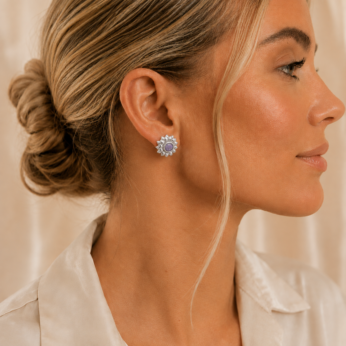 Flora Earrings — silver sunflower ashes memorial stud earrings, handcrafted in Lancashire, UK