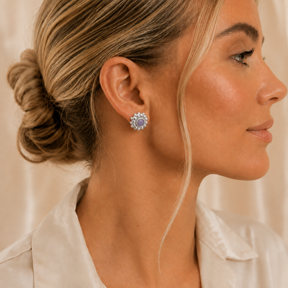 Flora Earrings — silver sunflower ashes memorial stud earrings, handcrafted in Lancashire, UK