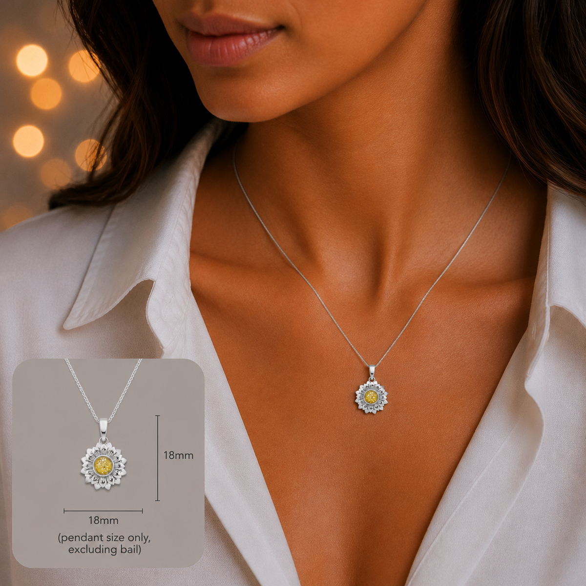 Flora silver sunflower ashes pendant, handcrafted in Lancashire UK