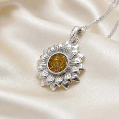 Flora silver sunflower ashes pendant, handcrafted in Lancashire UK