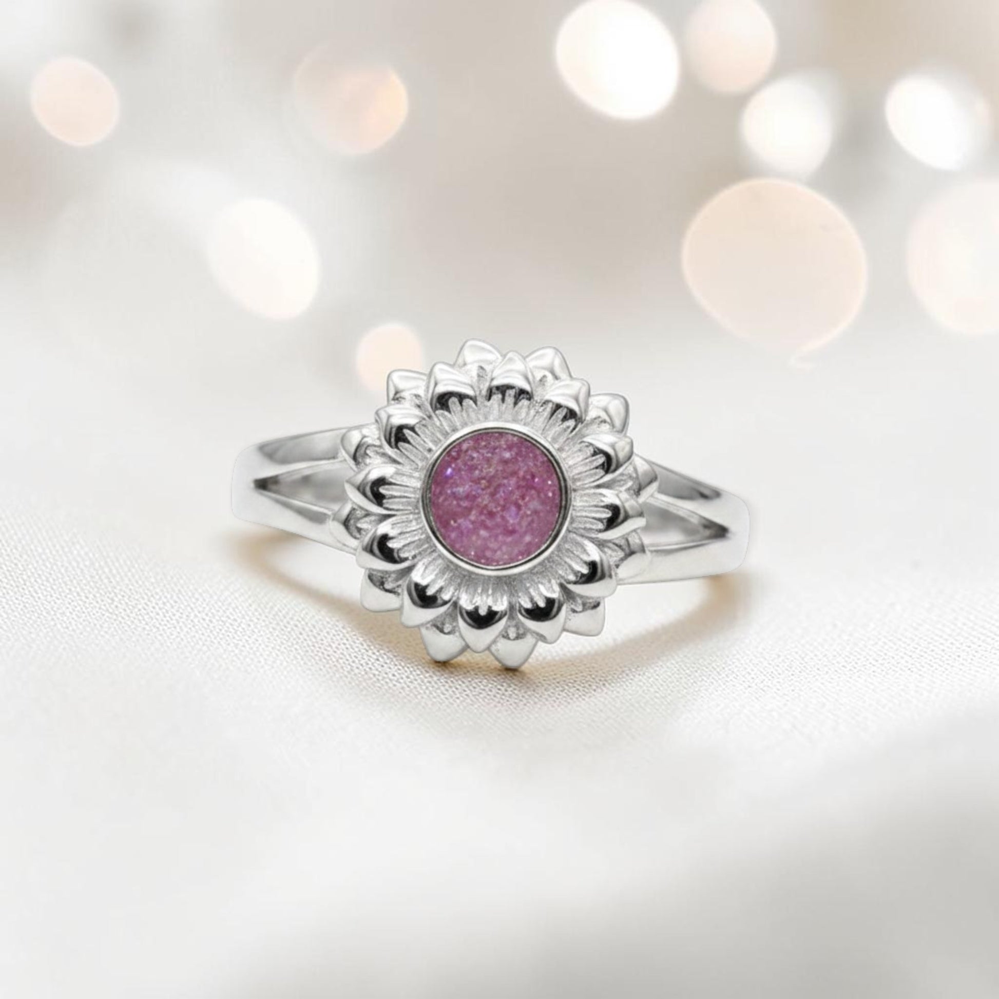 Flora Ring — silver sunflower ashes memorial ring, handcrafted in the UK